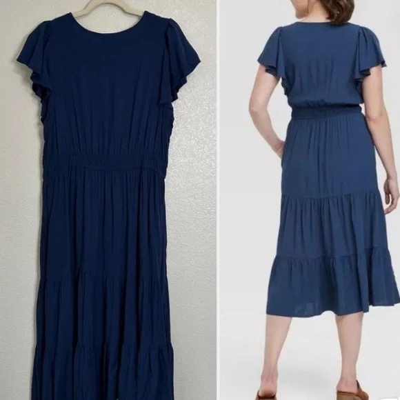 Knox Rose vneck flutter sleeve navy blue dress - Picture 3 of 6